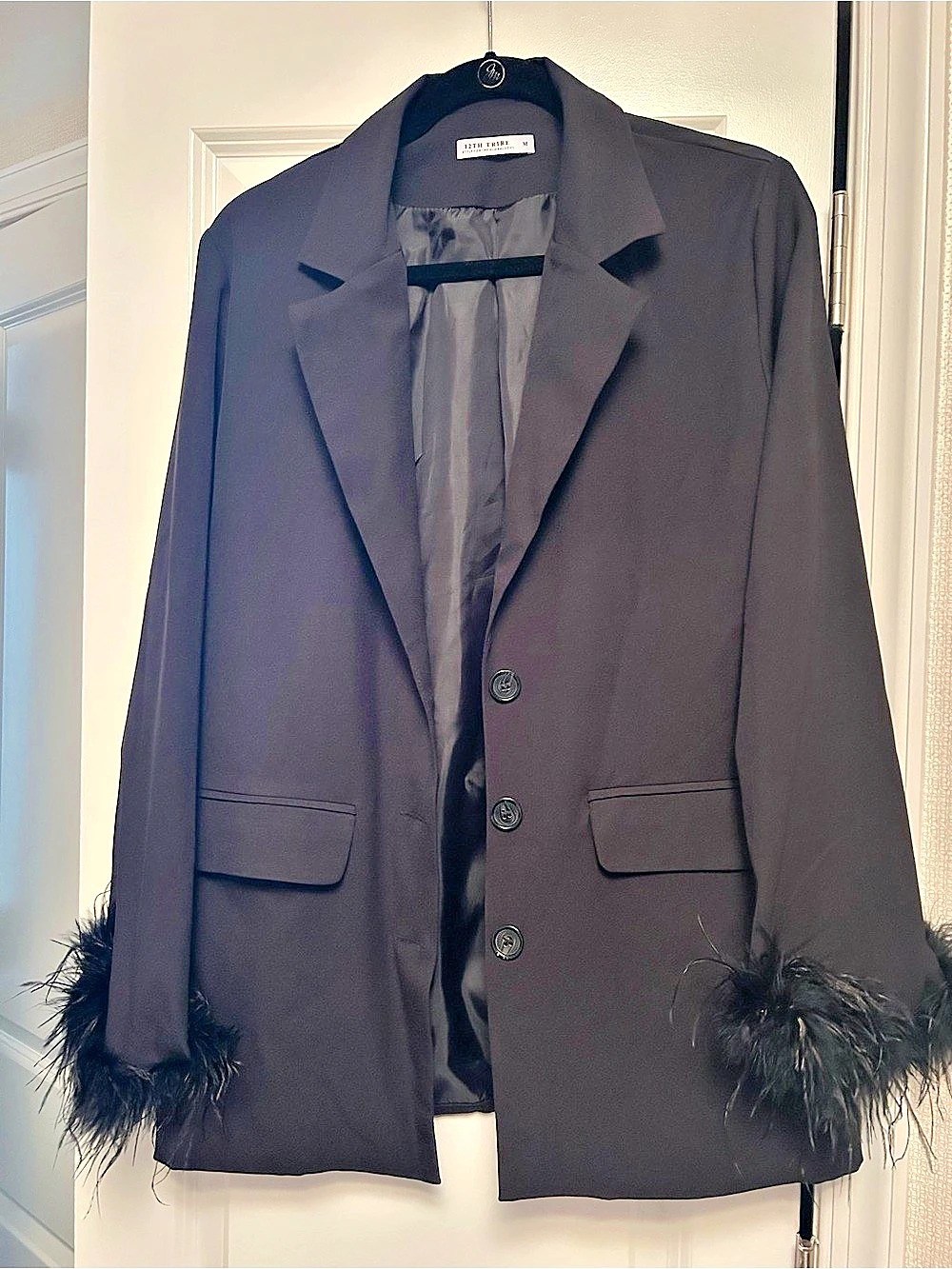 12th Tribe Black Classic Feather Cuff Women's Blazer Feather Cuff Blazer in